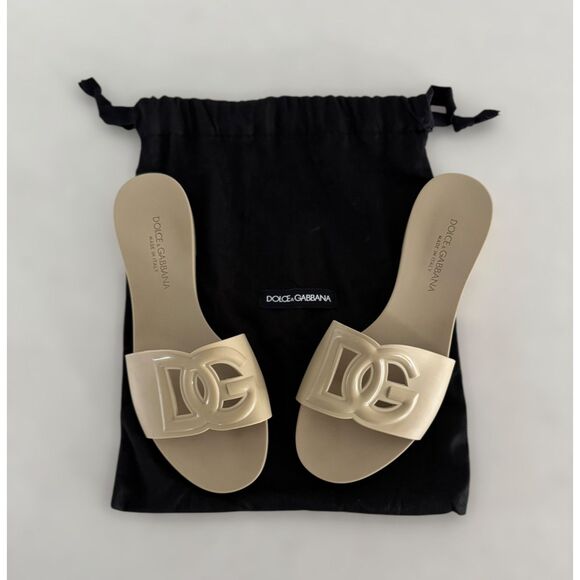 Dolce & Gabbana Cream Interlock Logo Rubber Slides Sandals Size 37 - Picture 1 of 7
